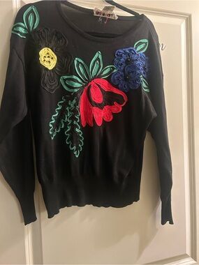 Escada vintage Black Floral Embroidered Women's sweater/Soutache Multicolor